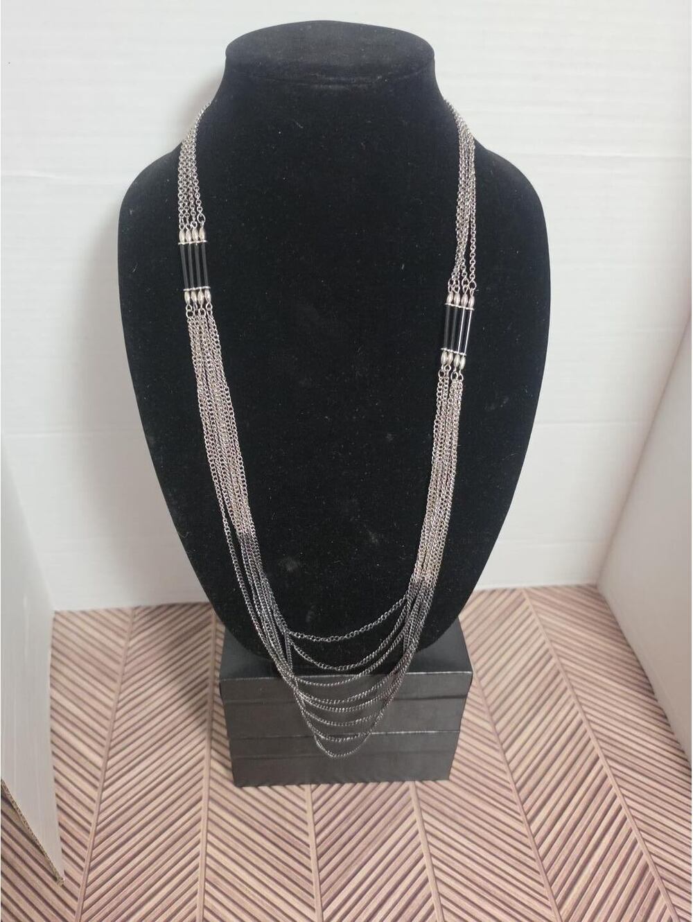 Multi-Strand Silver Tone Chain Necklace with Black Accents